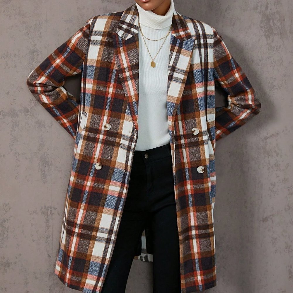 Rust Brown Casual Womens Plaid Double Breasted Overcoat - Picture 3 of 5